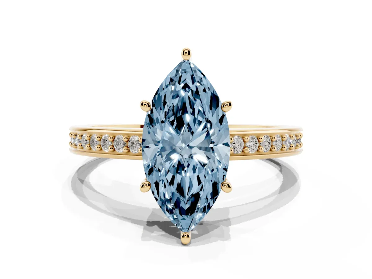 Fancy Blue Marquise Cut Solitaire Pavé Band Prong Setting Ring Yellow gold
