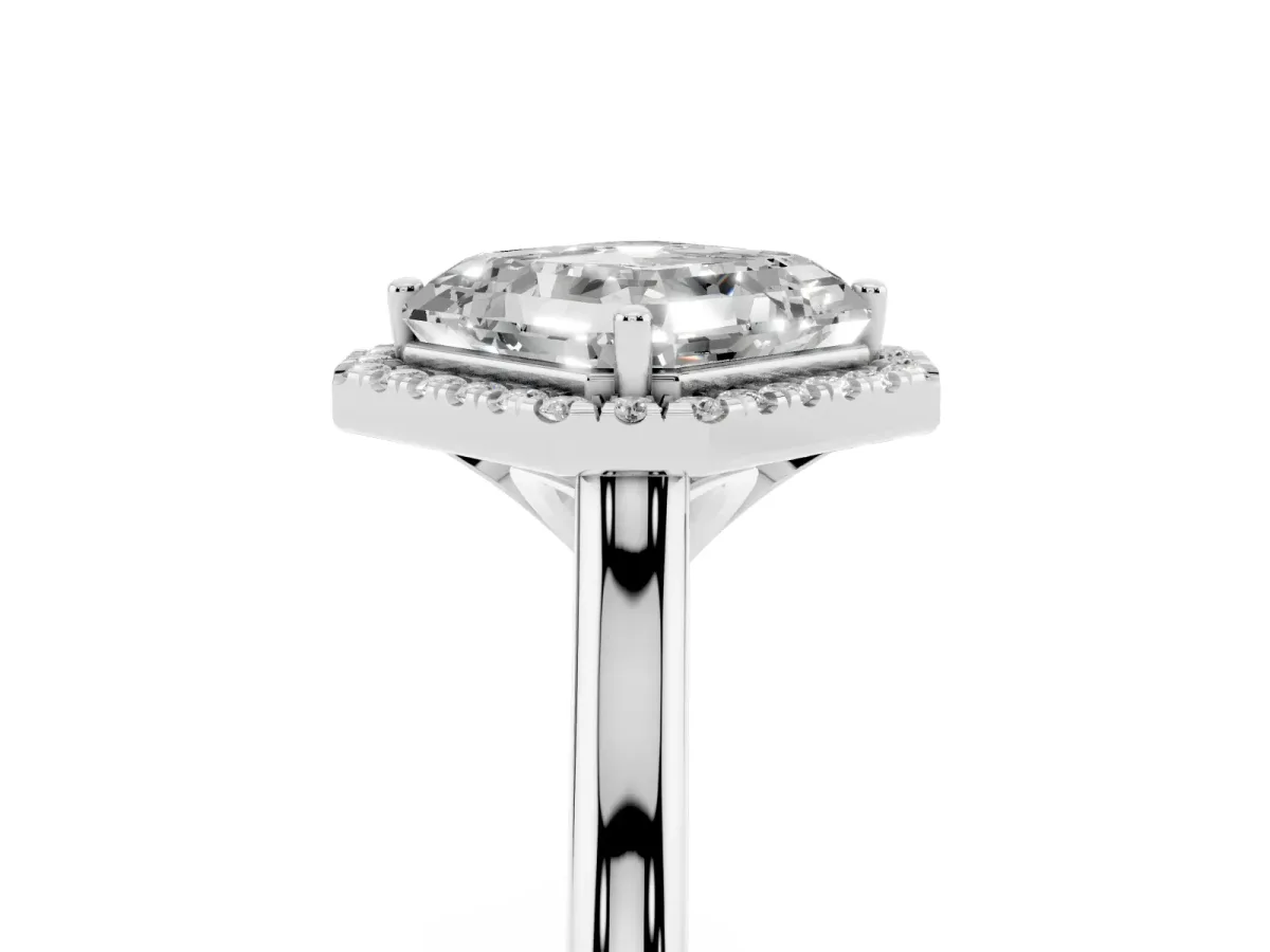 Asscher Cut Halo Round Diamond Solitaire Engagement Ring with Pave Band and Four-Prong Setting Platinum