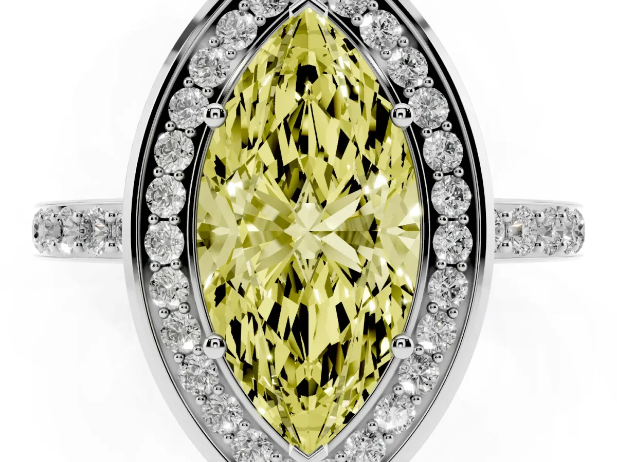 Fancy Yellow Marquise Cut Diamond Halo Ring with Bezel Frame and Pavé Band Platinum