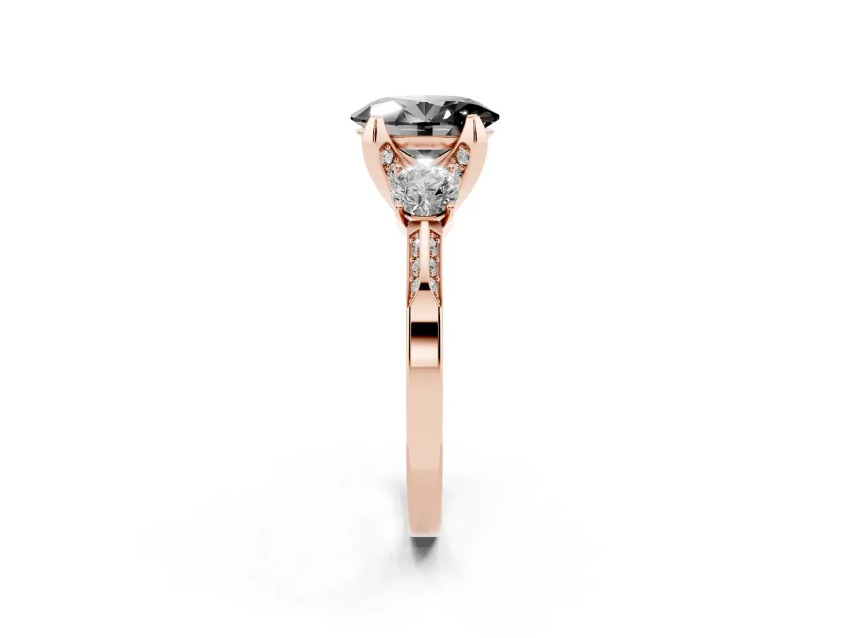 Fancy Black Oval Cut Brilliant Three-Stone Diamond Ring with Pavé Band and Four-Prong Setting Rose gold
