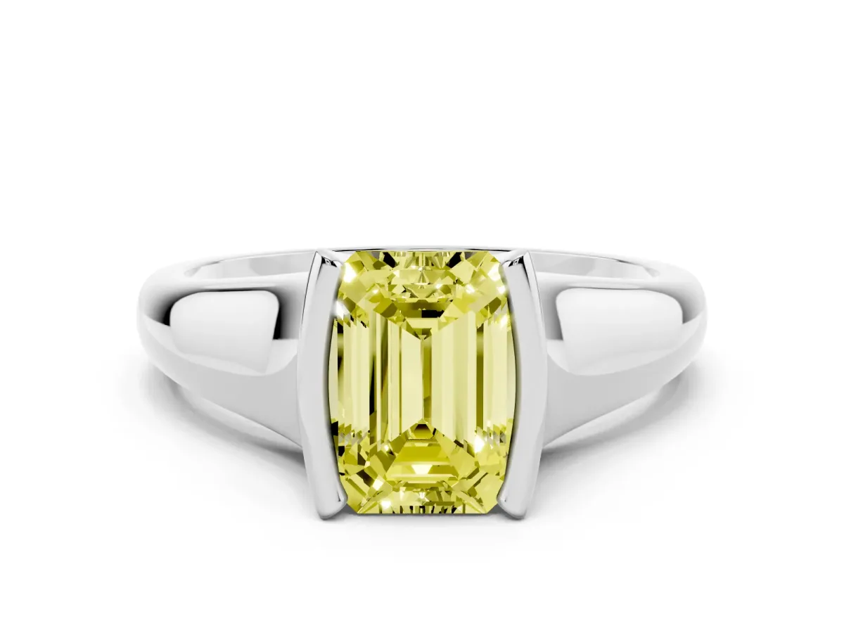 Fancy Yellow Emerald Cut Solitaire Tension Set Diamond Ring with Split Shank Band Silver