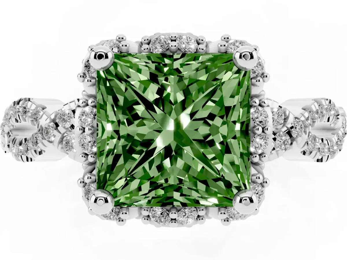 Fancy Green Princess Cut Halo Twist Band Solitaire Ring with Six-Prong Setting Silver