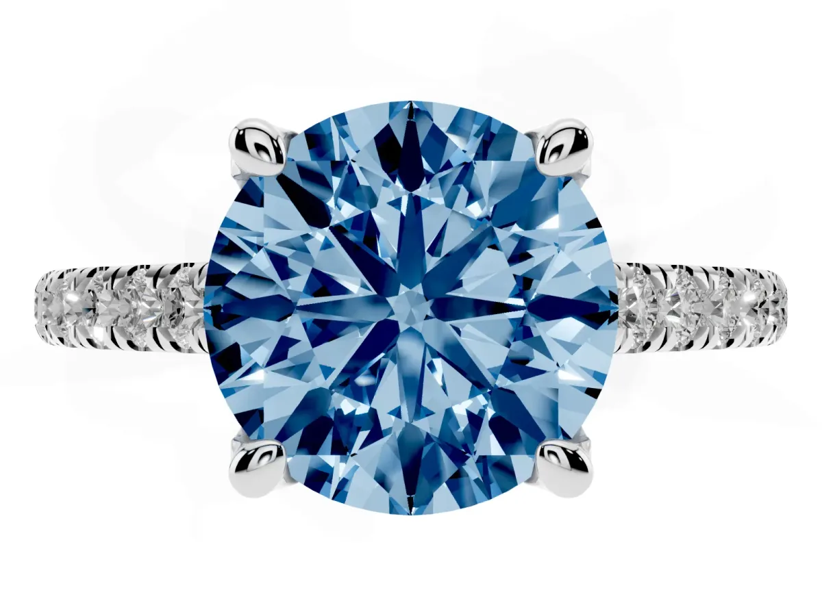 Fancy Blue Round Cut Brilliant Diamond Solitaire with Pavé Band and Four-Prong Setting Platinum