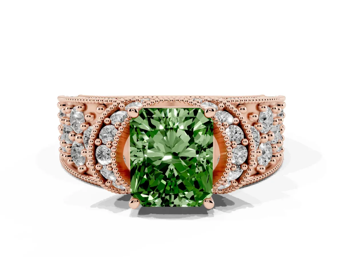 Fancy Green Radiant Cut Halo Pave Diamond Engagement Ring with Milgrain Detailing Rose gold
