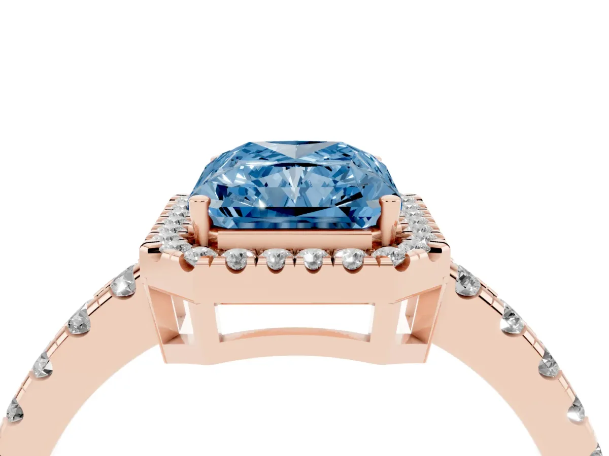 Fancy Blue Radiant Cut Diamond Halo Ring with Pavé Band and Four-Prong Setting Rose gold