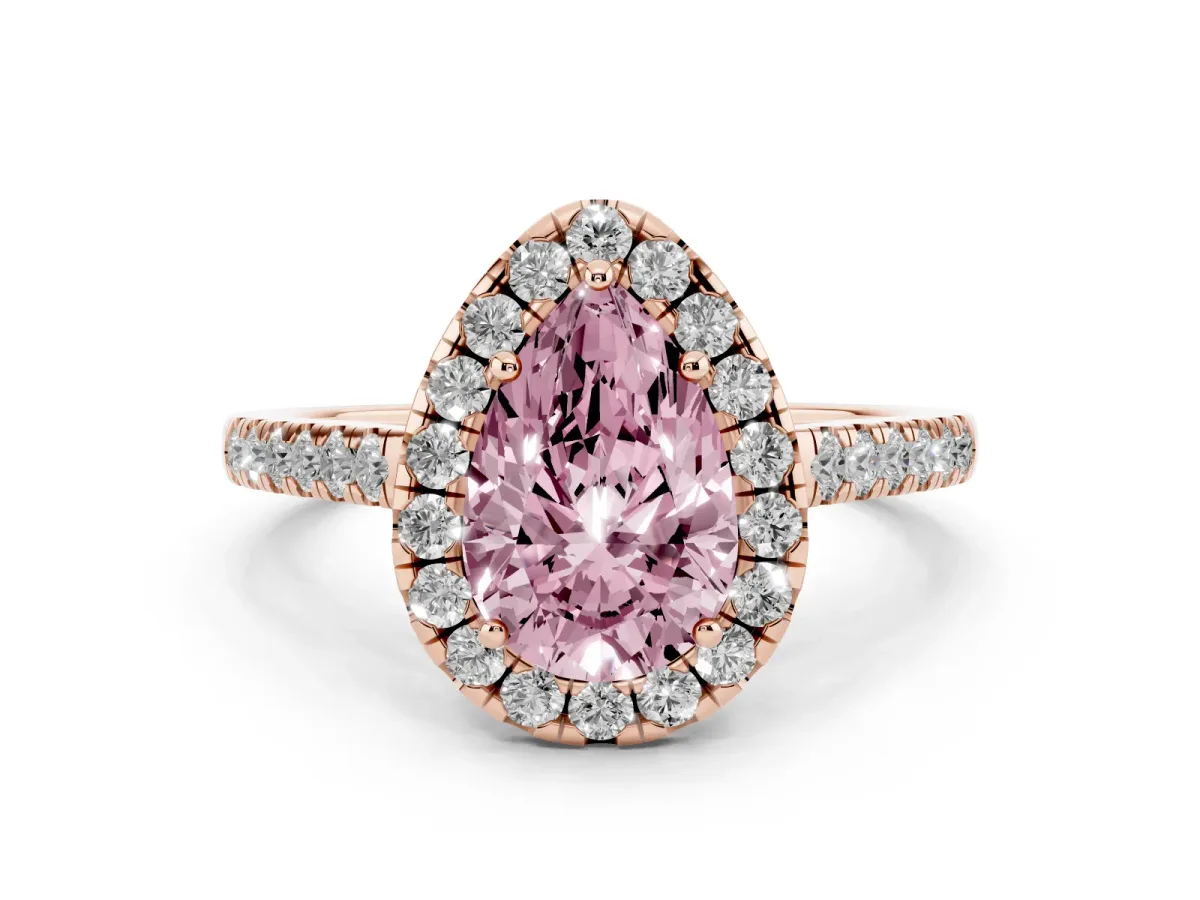 Fancy Pink Pear Cut Halo Pave Diamond Engagement Ring with Four-Prong Setting Rose gold