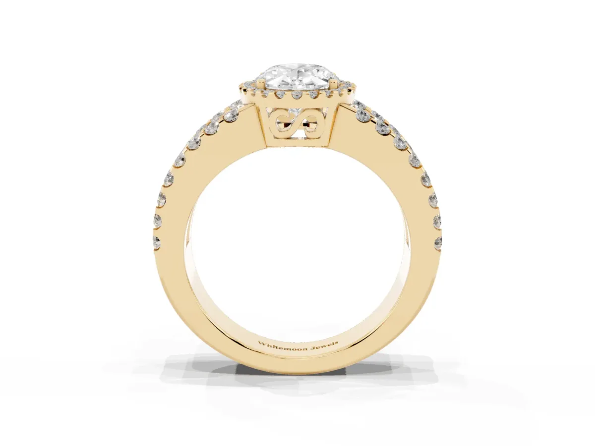 Oval Cut Cut Halo Split Shank Diamond Ring with Four-Prong Setting Yellow gold