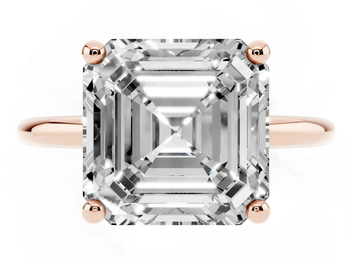 Asscher Cut Solitaire Diamond Ring with 4-Prong Setting on a Classic Band Rose gold