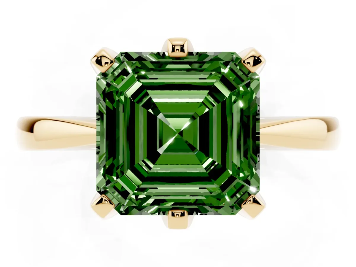 Fancy Green Asscher Cut Solitaire Engagement Ring with Six-Prong Setting and Tapered Band Yellow gold