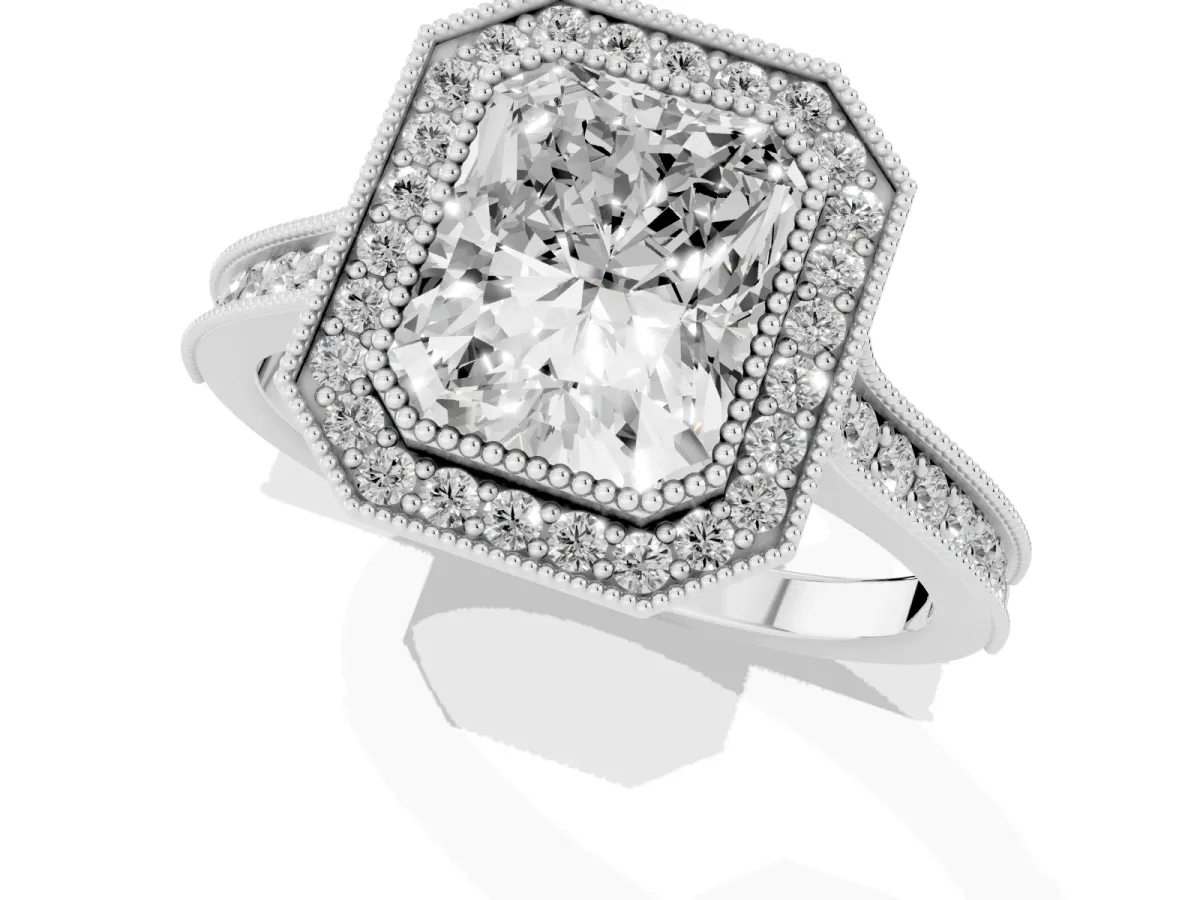 Halo Radiant Cut-Cut Diamond Pave Band Milgrain Prong Setting Ring Silver