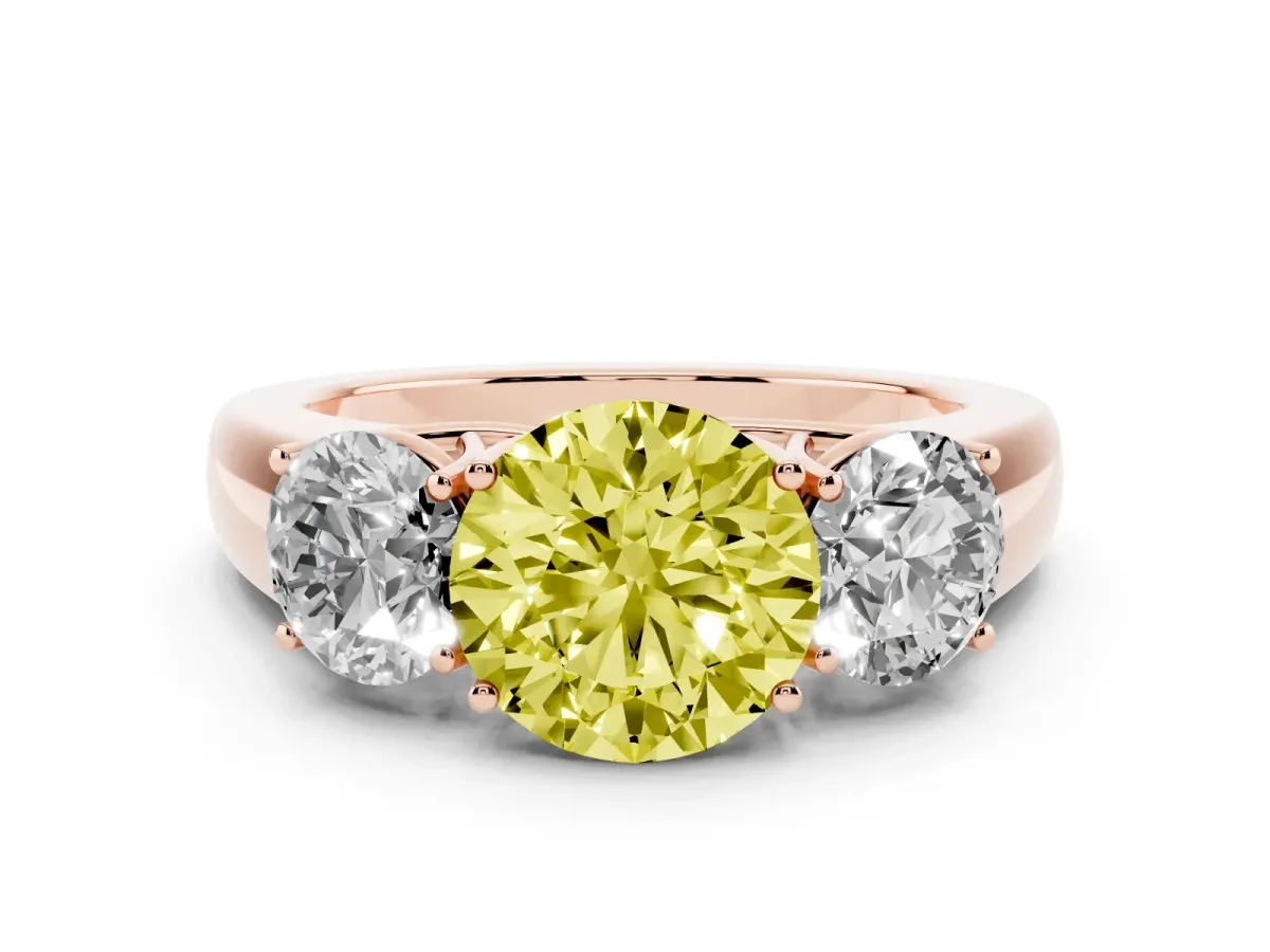Fancy Yellow Three-Stone Round Cut Cut Diamond Ring with Prong Setting and Classic Band Rose gold