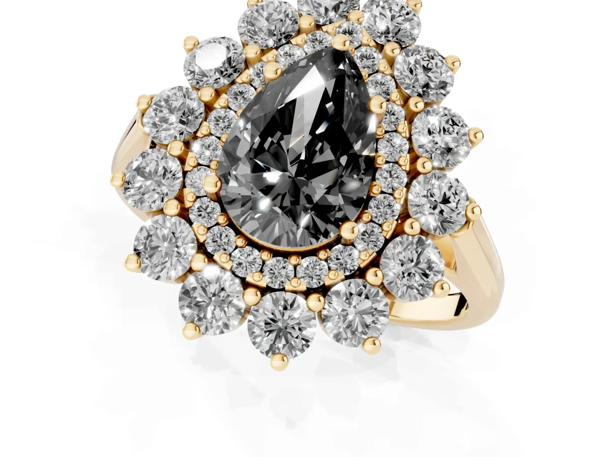 Fancy Black Pear Cut Diamond Floral Double Halo Engagement Ring with Prong Setting Yellow gold