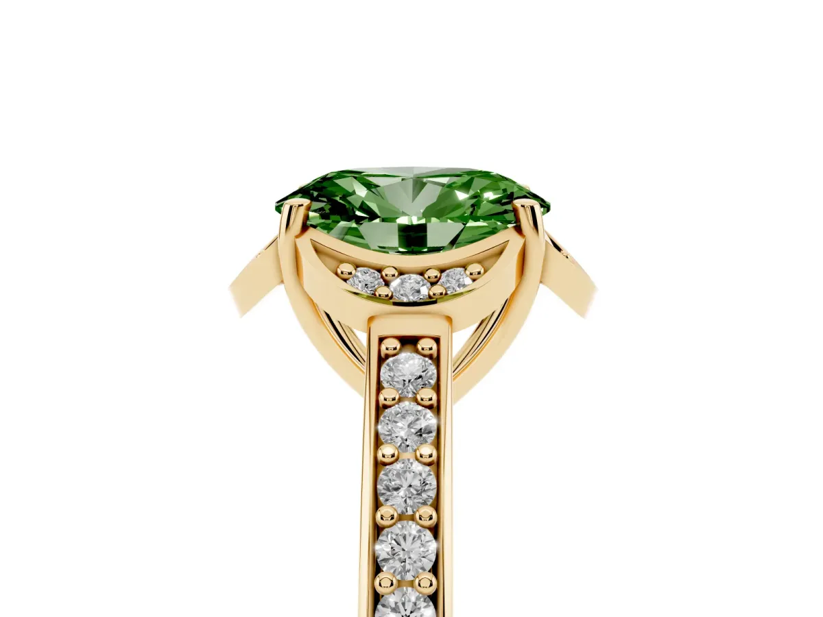 Fancy Green Oval Cut Cut Halo Diamond Ring with Channel Set Band and Four-Prong Setting Yellow gold