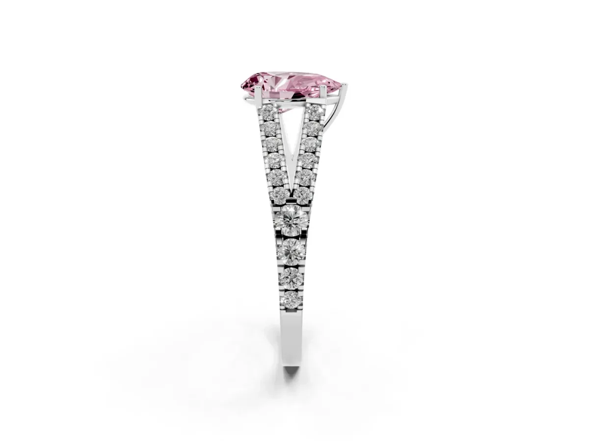 Fancy Pink Pear Cut Diamond Split Shank Engagement Ring with Round Pavé and Prong Setting Platinum