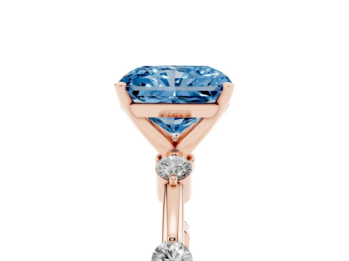 Fancy Blue Radiant Cut Solitaire Diamond Ring with Bezel Set Side Stones and Prong Setting Rose gold