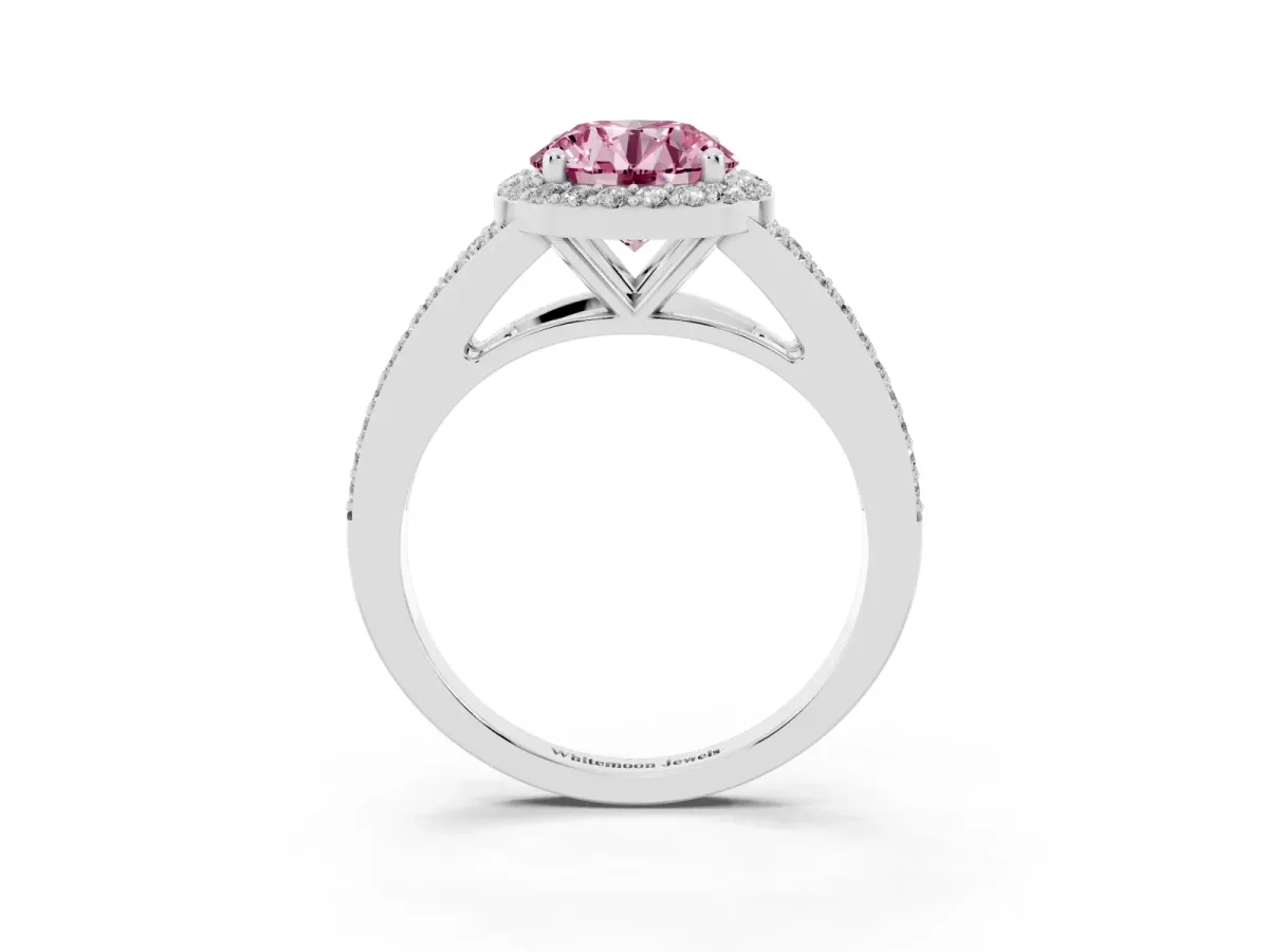 Fancy Pink Round Cut Halo Split Shank Diamond Ring with Prong Setting Silver