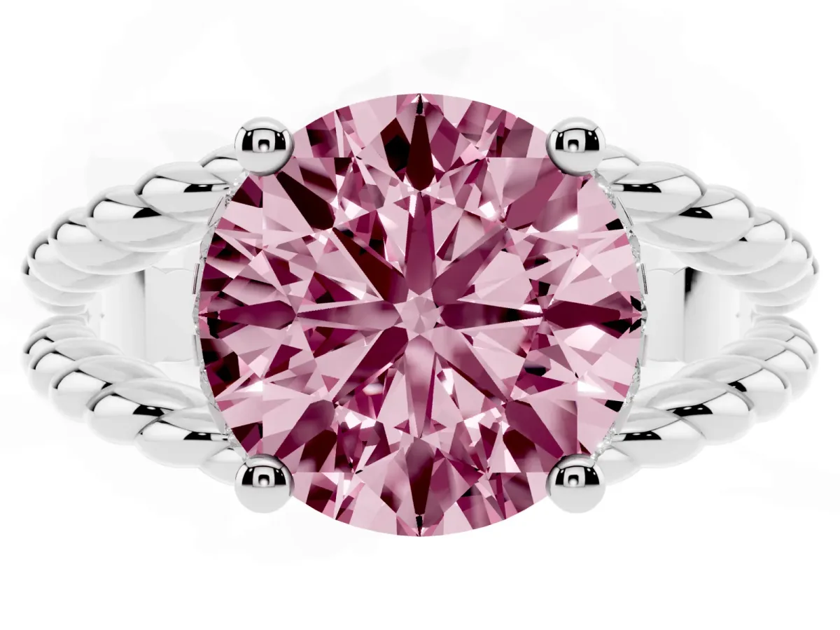 Fancy Pink Round Cut Halo Twisted Band Four-Prong Ring Silver