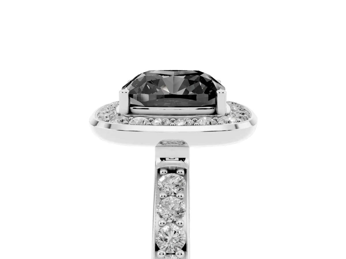 Fancy Black Cushion Cut Diamond Halo Ring with Bezel Frame and Pavé Band Silver