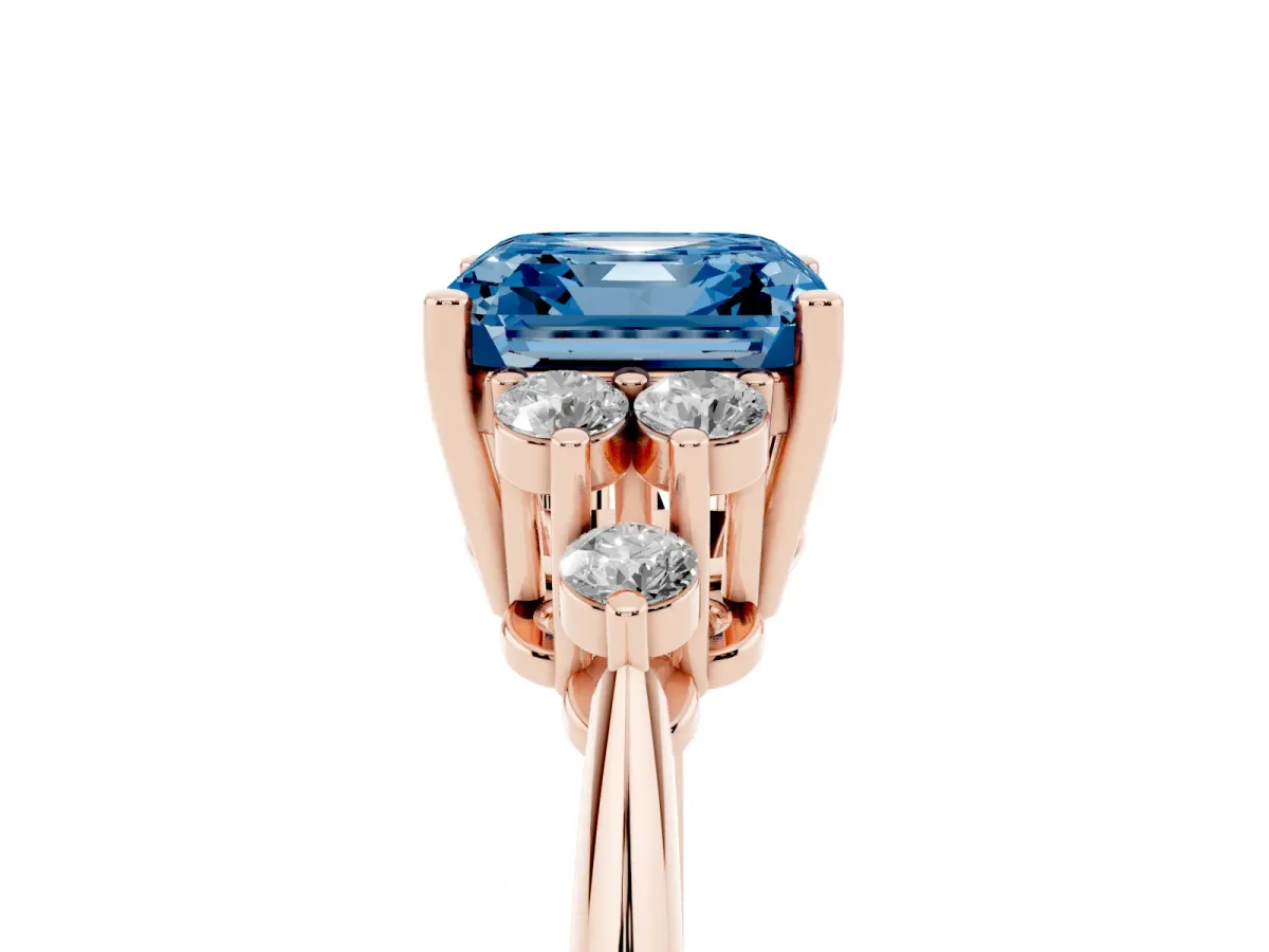 Fancy Blue Asscher Cut Cut Diamond Cluster Ring with Solitaire Band and Four-Prong Setting Rose gold