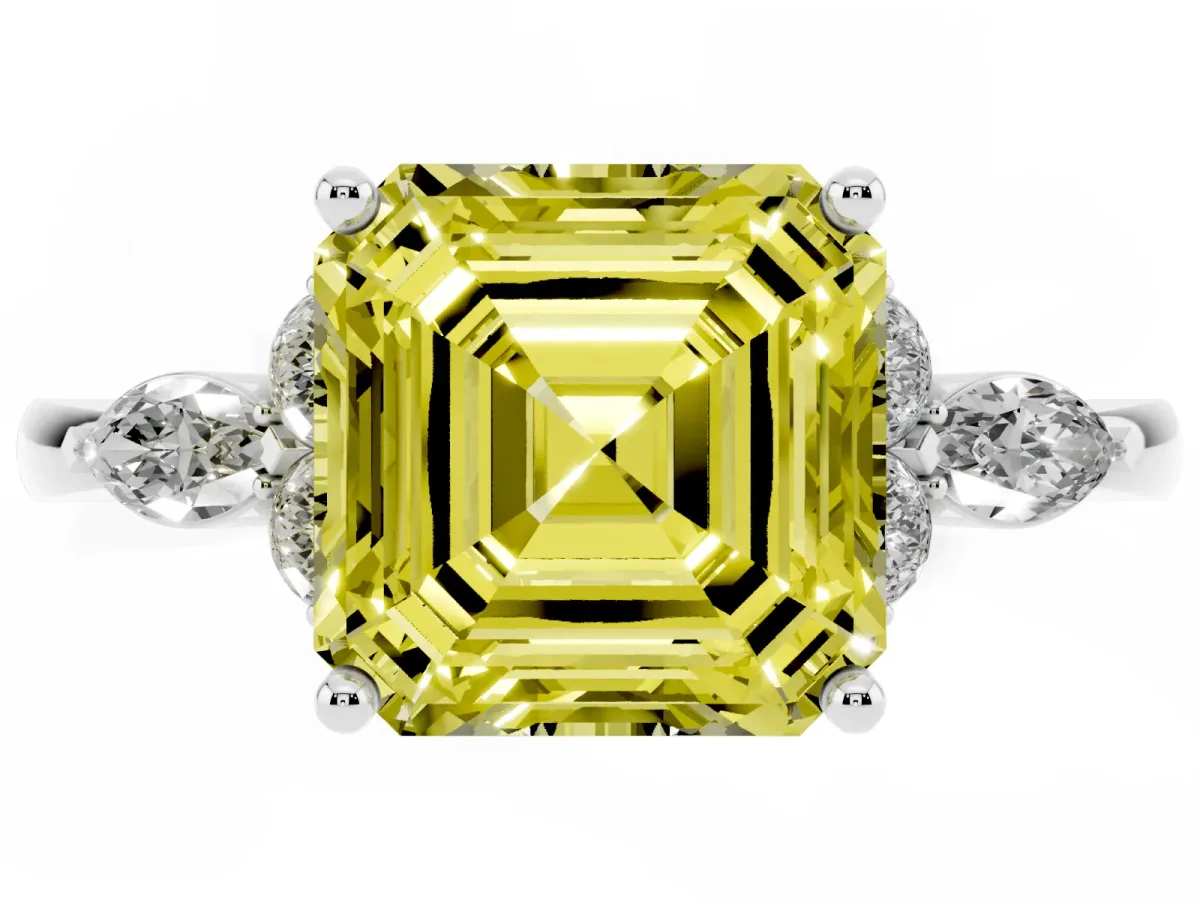 Fancy Yellow Asscher Cut Brilliant Diamond Solitaire Ring with Pear Side Stones and Four-Prong Setting White gold