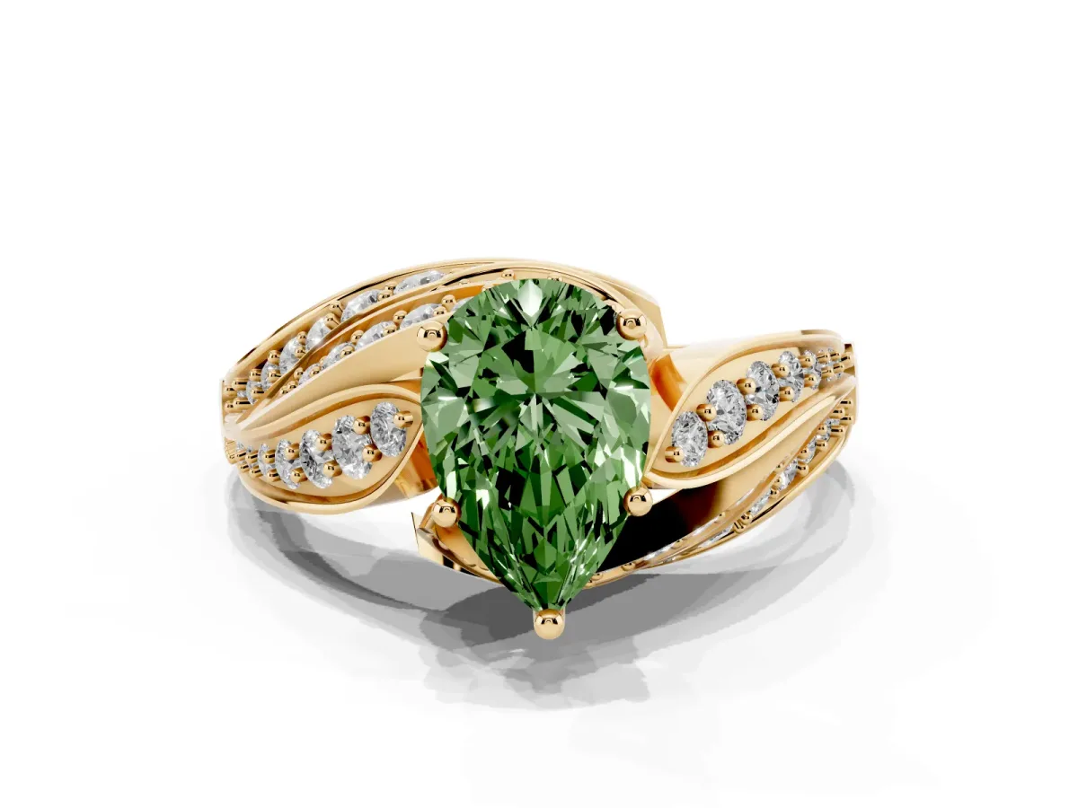 Fancy Green Pear Cut Diamond Solitaire Ring with Prong Setting and Twisted Pavé Band Yellow gold