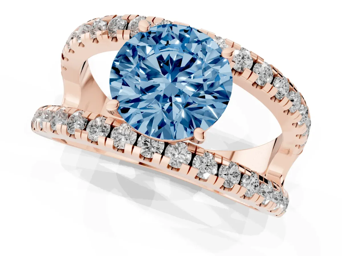 Fancy Blue Round Cut Solitaire Split Shank Pave Diamond Ring Rose gold