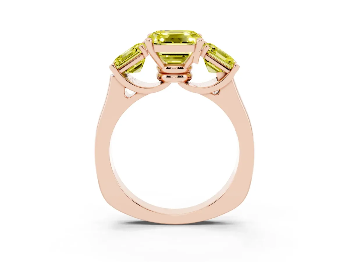 Fancy Yellow Three-Stone Asscher Cut Brilliant Diamond Trellis Ring with Comfort Fit Band Rose gold