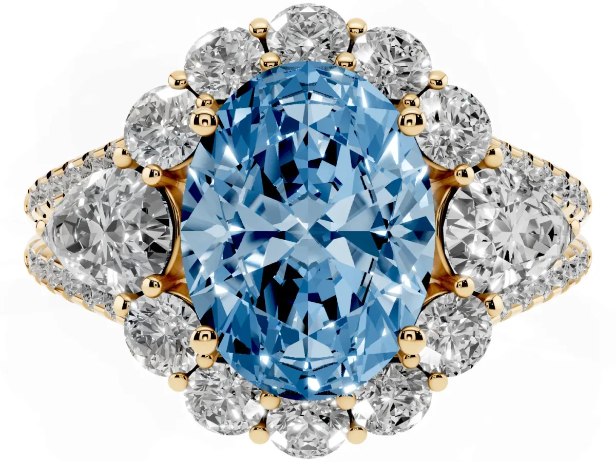 Fancy Blue Oval Cut Halo Split Shank Diamond Engagement Ring with Prong Setting Yellow gold
