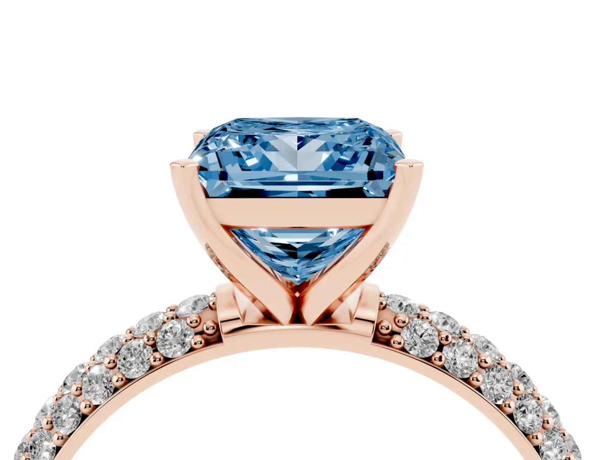 Fancy Blue Princess Cut Diamond Solitaire Ring with Prong Setting and Pavé Band Rose gold