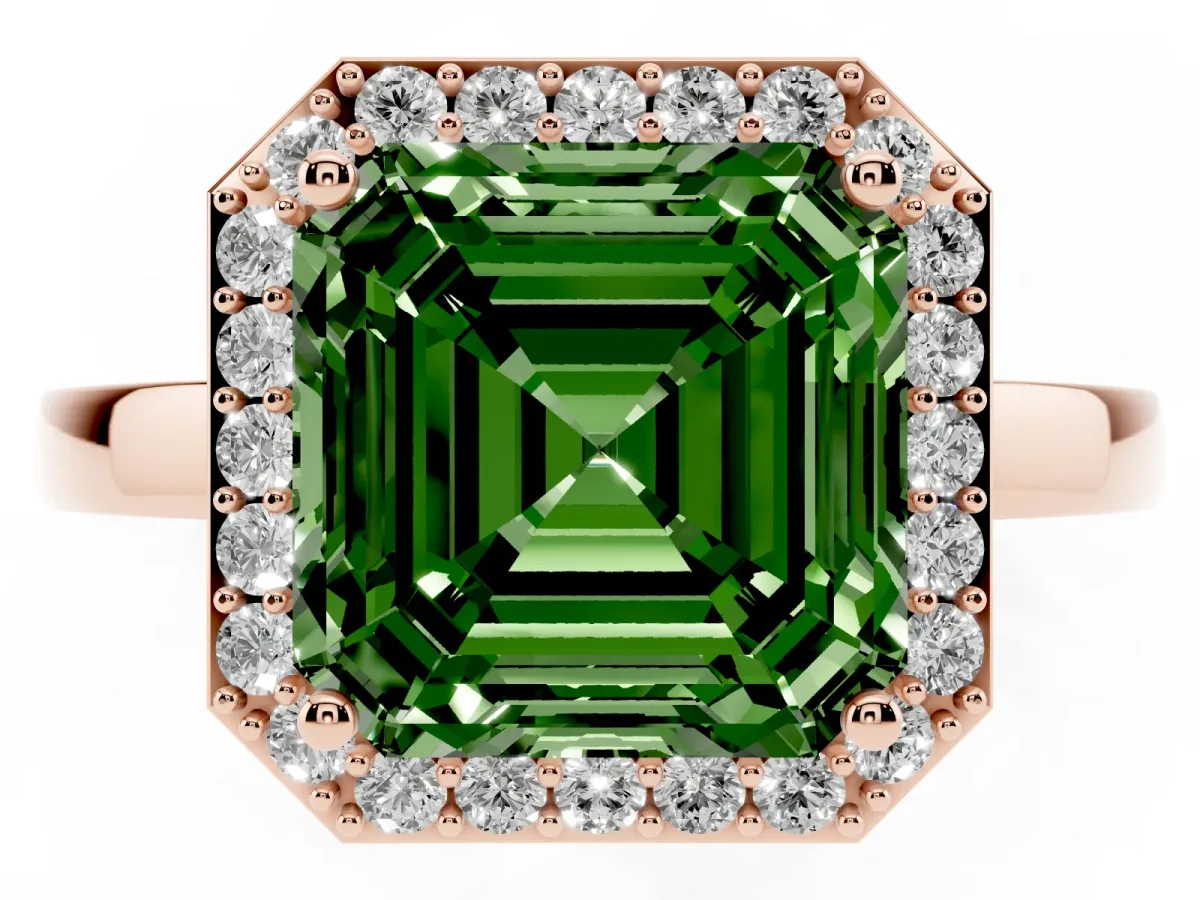 Fancy Green Asscher Cut Halo Diamond Ring with Solitaire Band and Prong Setting Rose gold