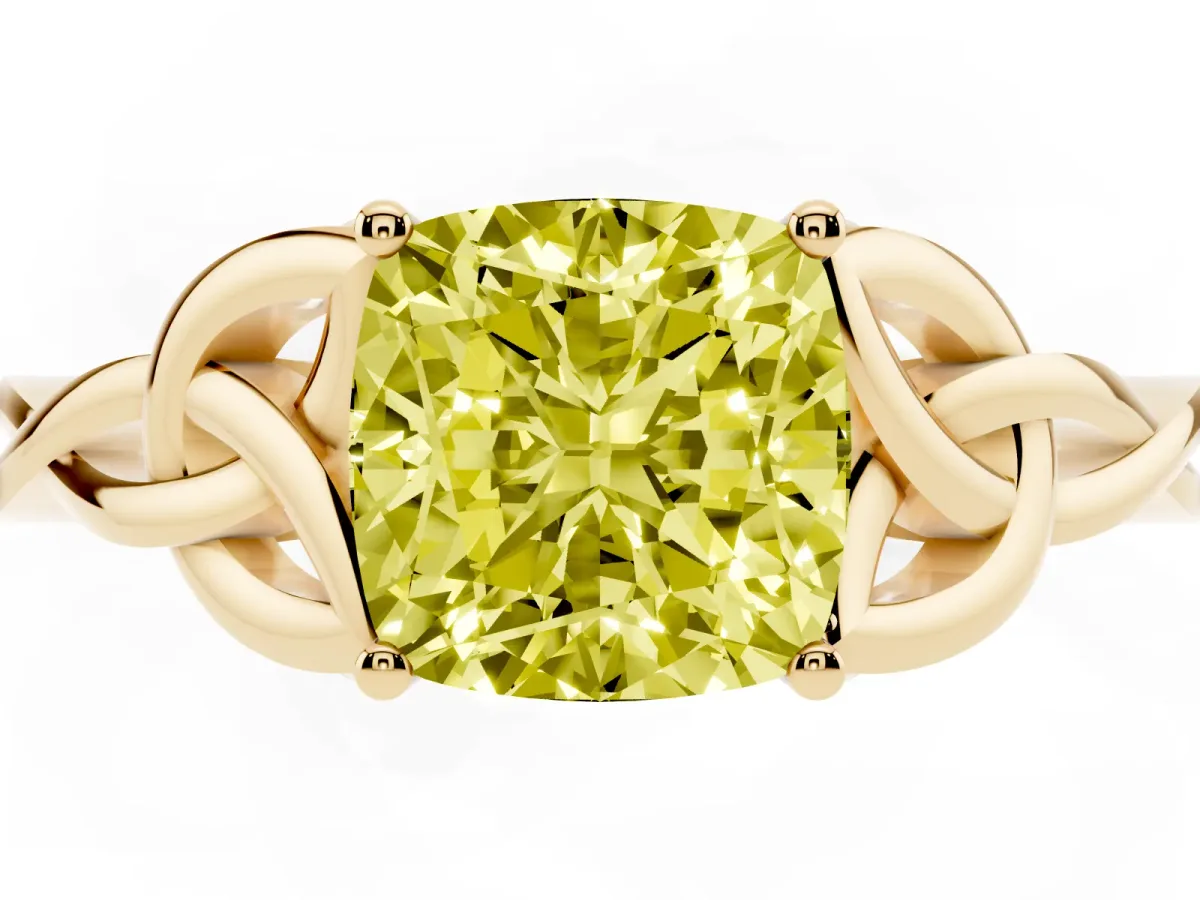 Fancy Yellow Cushion Cut Diamond Solitaire Engagement Ring with Celtic Knot Band and Four-Prong Setting Yellow gold