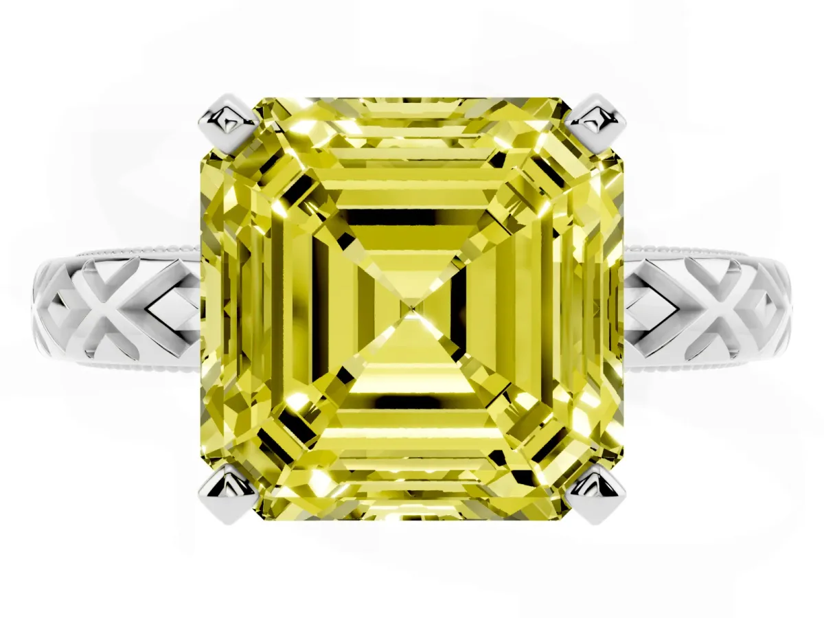 Fancy Yellow Asscher Cut Solitaire Diamond Ring with Milgrain and Black Enamel X Pattern Band Silver