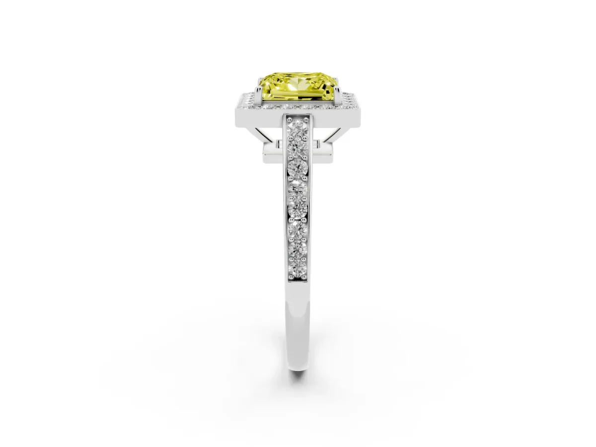 Fancy Yellow Princess Cut Halo Pavé Diamond Engagement Ring with Bezel Setting Silver