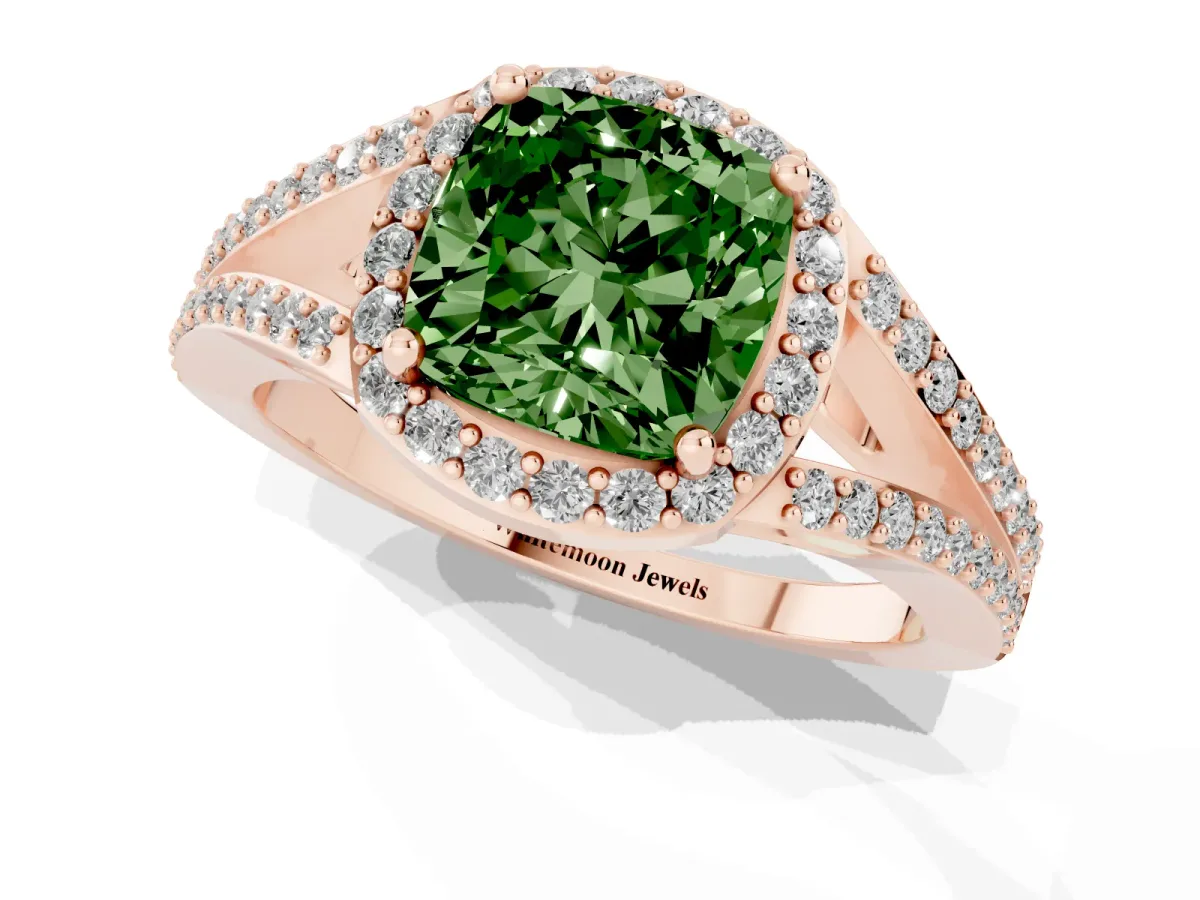 Fancy Green Cushion Cut Halo Split Shank Diamond Ring with Prong Setting Rose gold