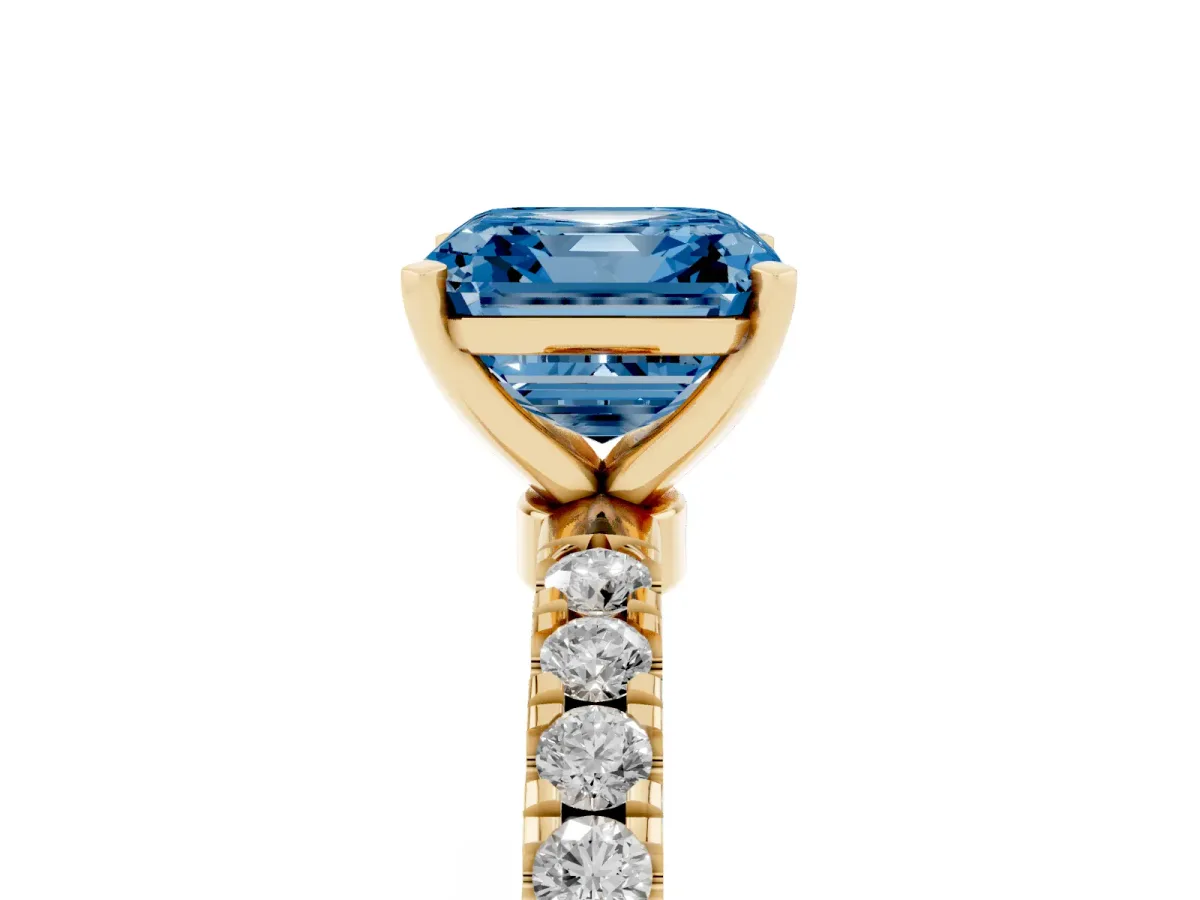 Fancy Blue Asscher Cut Diamond Solitaire Ring with Pavé Accents and Four-Prong Setting Yellow gold