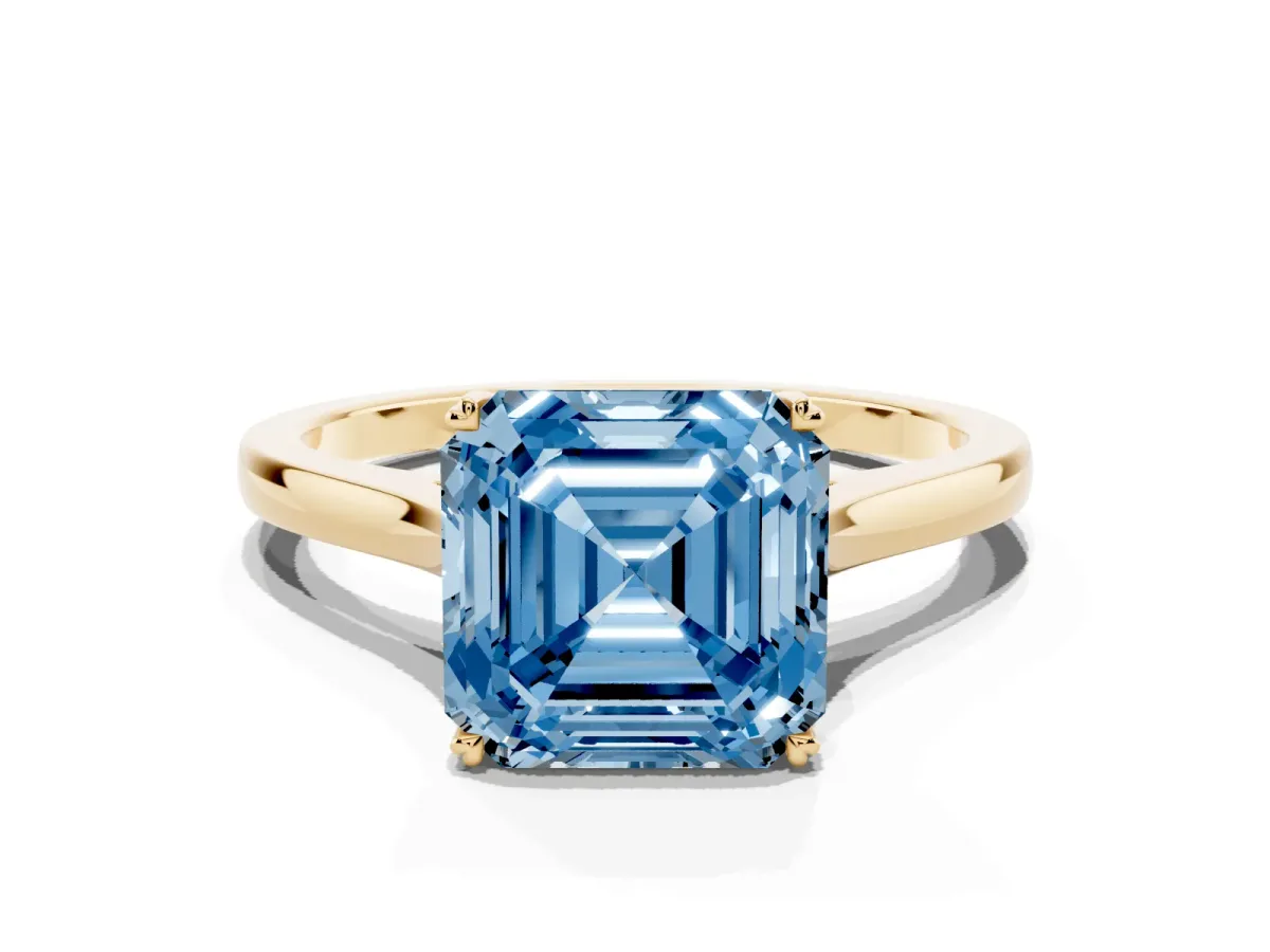 Fancy Blue Asscher Cut Solitaire Heart Prong Engagement Ring with Tapered Band Yellow gold