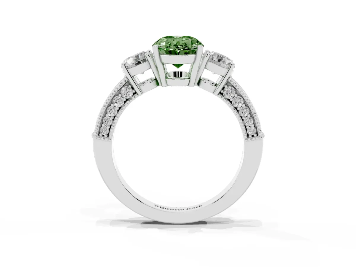 Fancy Green Oval Cut Three-Stone Diamond Ring with Pavé Band and Four-Prong Setting Silver