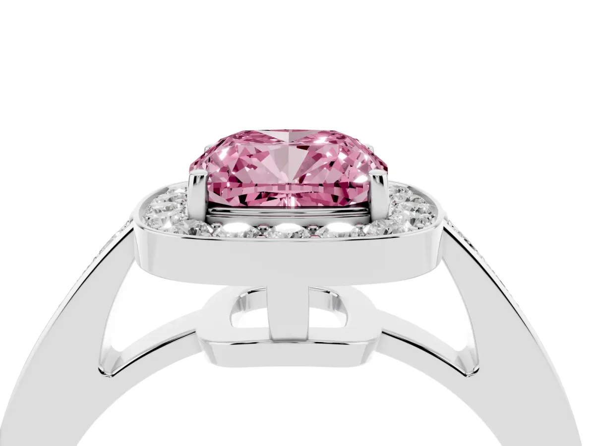Fancy Pink Cushion Cut Halo Pavé Diamond Engagement Ring with Bezel Setting Silver