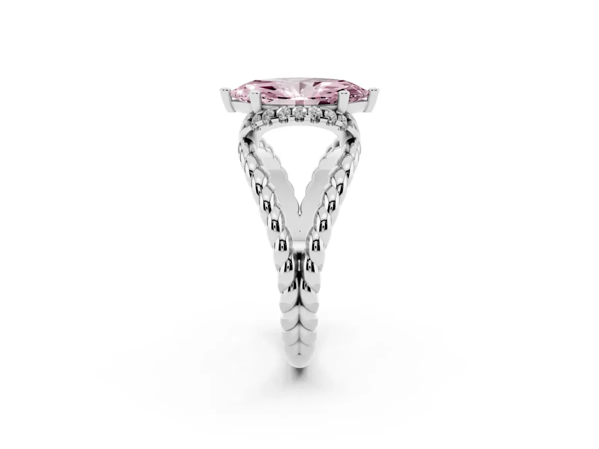 Fancy Pink Marquise Cut Halo Twisted Band Four-Prong Ring Silver
