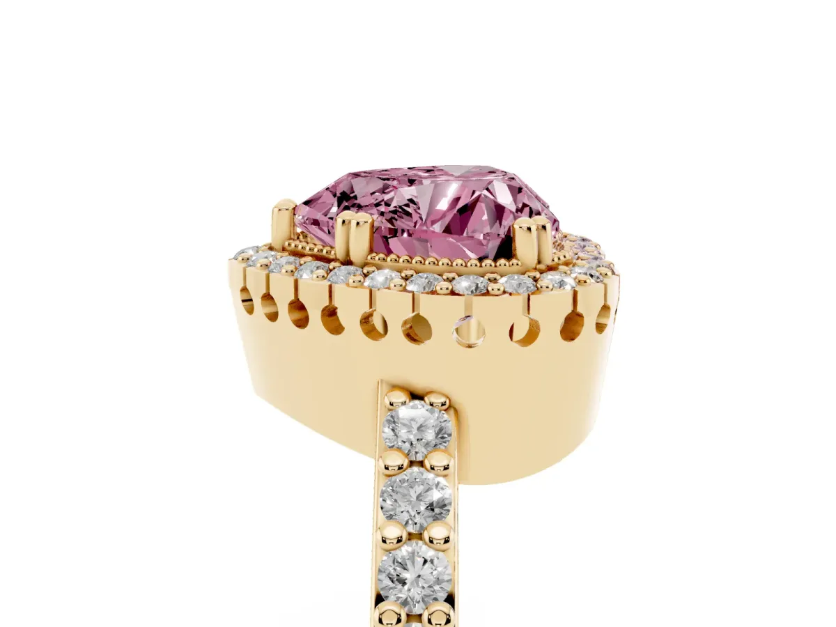 Fancy Pink Heart Cut Cut Diamond Halo Engagement Ring with Milgrain Detail and Pavé Band Yellow gold