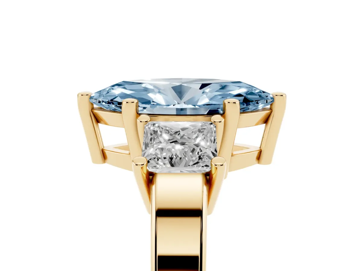 Fancy Blue Three-Stone Marquise Cut Cut Solitaire Ring with Prong Setting Yellow gold
