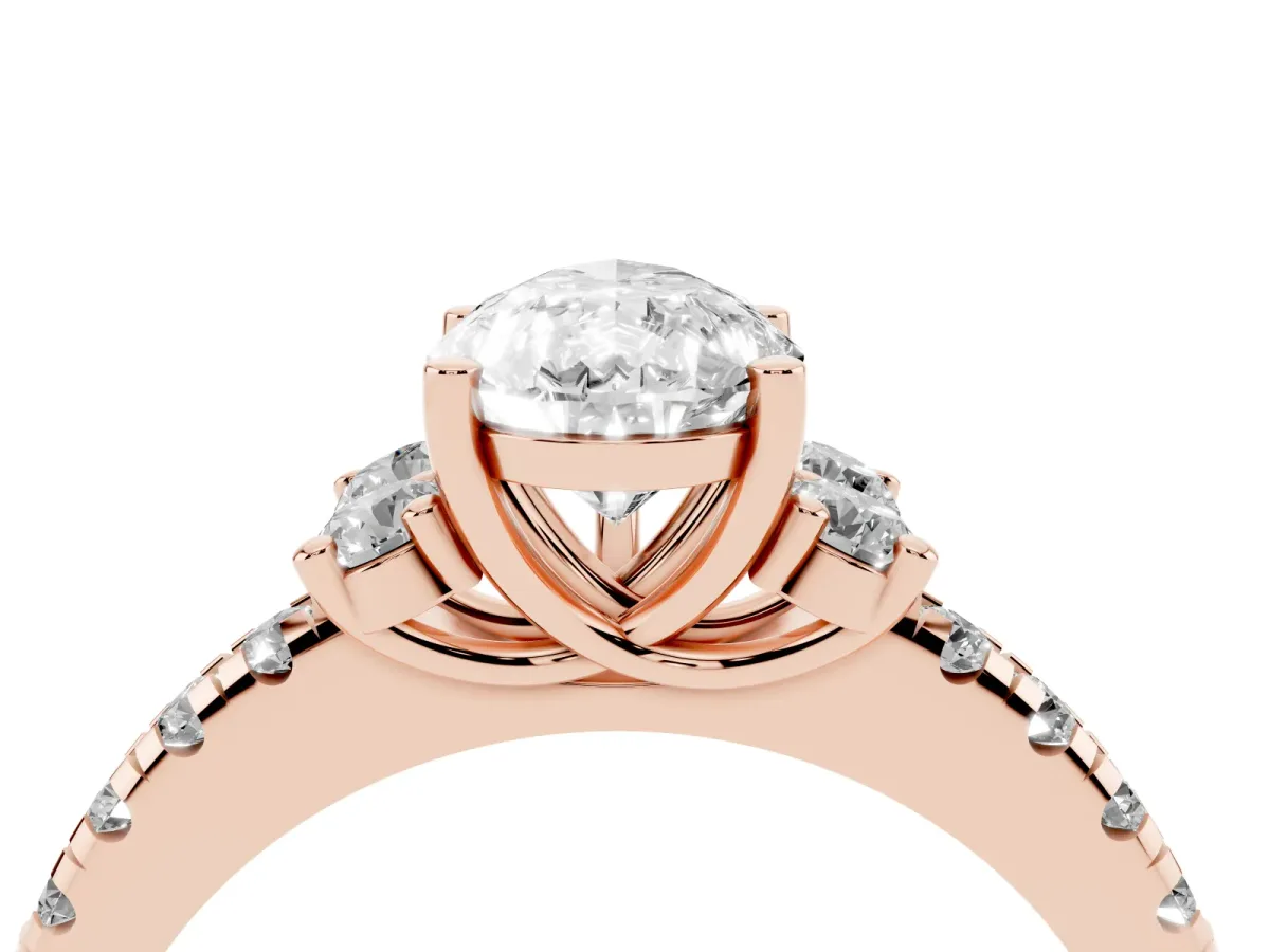 Pear Cut Diamond Three-Stone Pave Band with Four-Prong Setting Rose gold