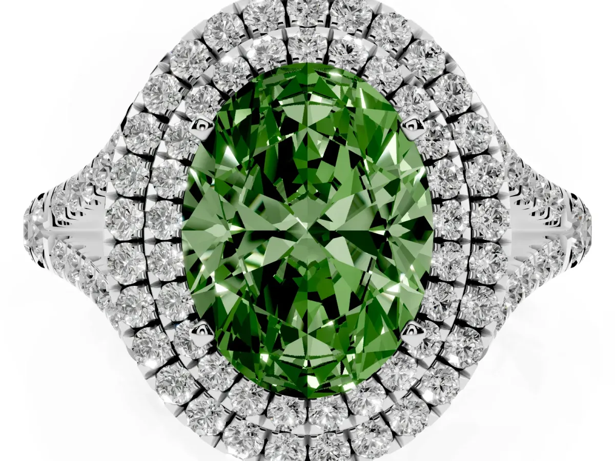 Fancy Green Oval Cut Diamond Pavé Split Shank Double Halo Engagement Ring Silver