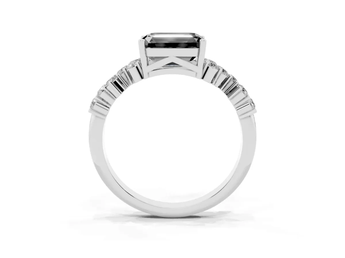 Fancy Black Emerald Cut Diamond Scattered Round Accent Ring with Prong Setting Silver