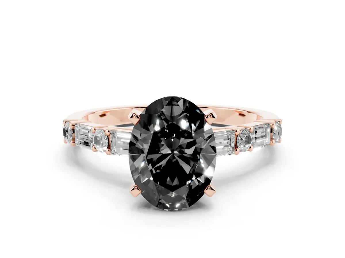 Fancy Black Oval Cut Diamond Solitaire with Side Baguettes and Channel Set Band Rose gold
