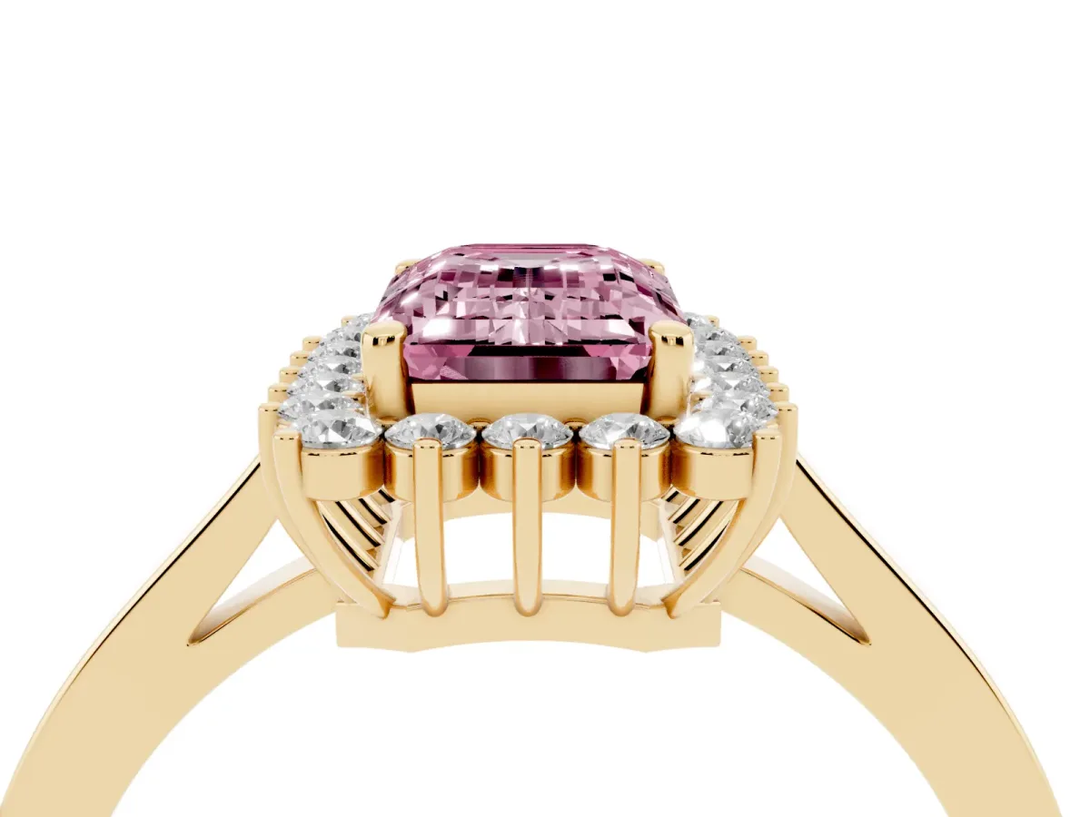 Fancy Pink Emerald Cut Cut Diamond Halo Ring with Round Brilliant Halo and Solitaire Band Yellow gold