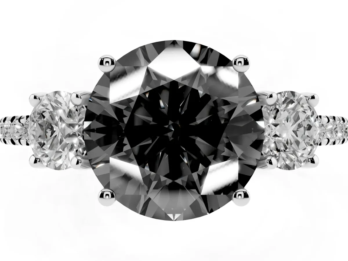 Fancy Black Three-Stone Round Cut Cut Diamond Pavé Band with Prong Setting Silver