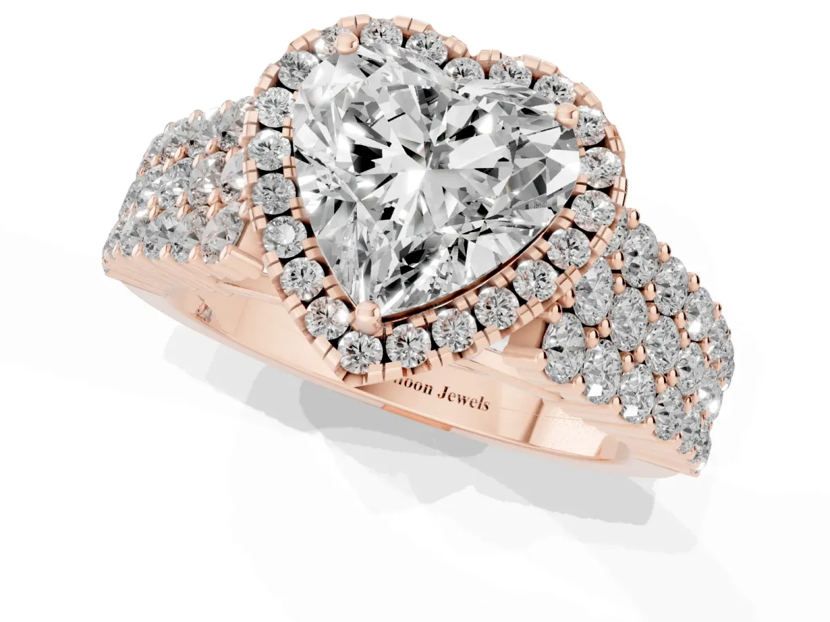 Heart Cut Diamond Halo Engagement Ring with Triple Row Round Pavé Band and Prong Setting Rose gold