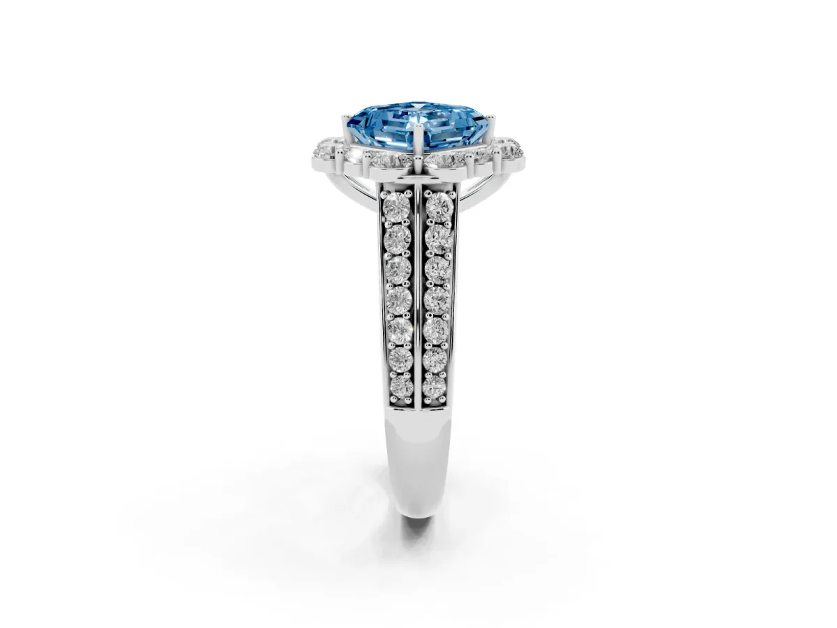 Fancy Blue Asscher Cut Halo Diamond Engagement Ring with Split Shank and Prong Setting Silver