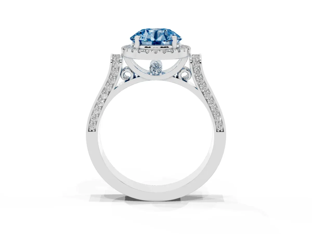 Fancy Blue Round Cut Halo Pave Split Shank Prong Setting Ring Silver